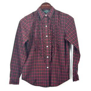 Lauren Ralph Lauren Women Plaid Ruffled Front Blouse Size SP Petite Long sleeve